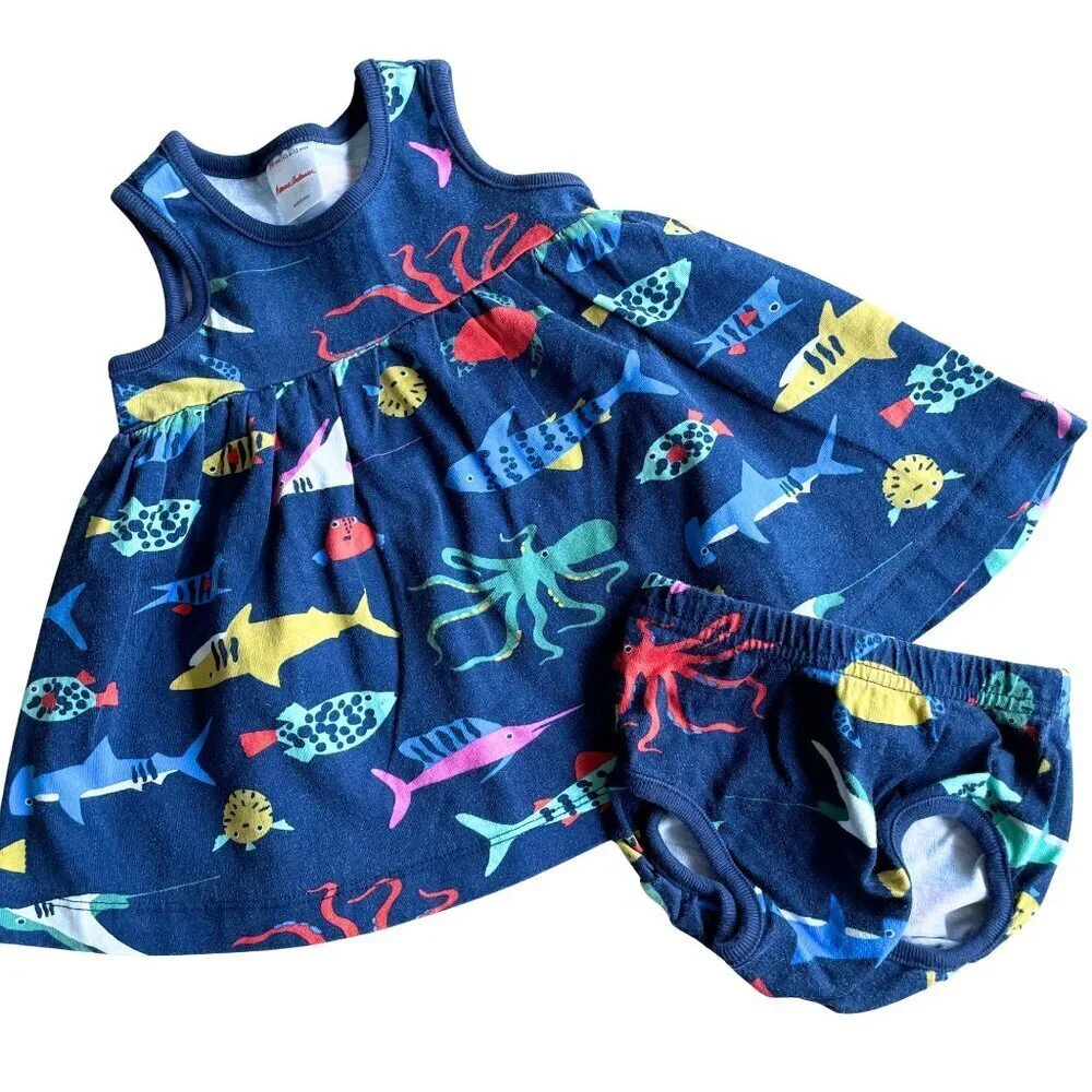 Hanna Andersson Baby‎ Print Dress & Bloomer Set, Aquarium - Size 6-12 Months
